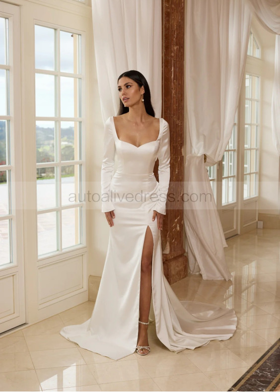 Long Sleeves Ivory Satin Tie Back Slit Modern Wedding Dress